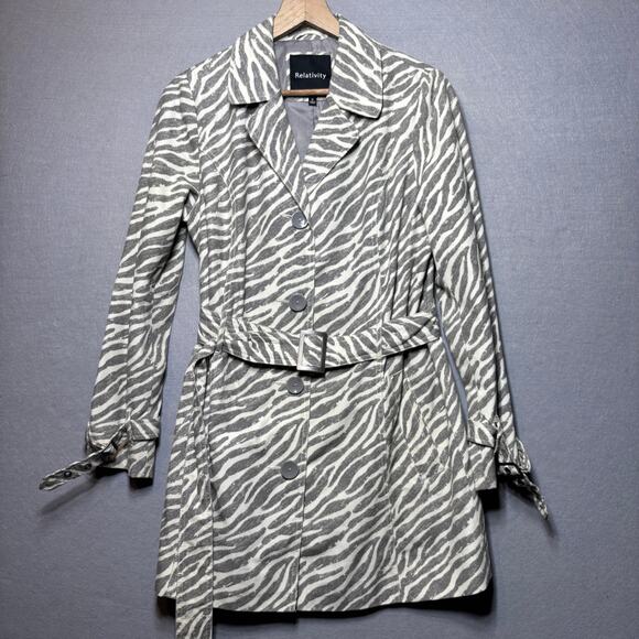Relativity Short Trench Coat S Gray Zebra Print Belted Statement Retro Glam Chic - Picture 1 of 8
